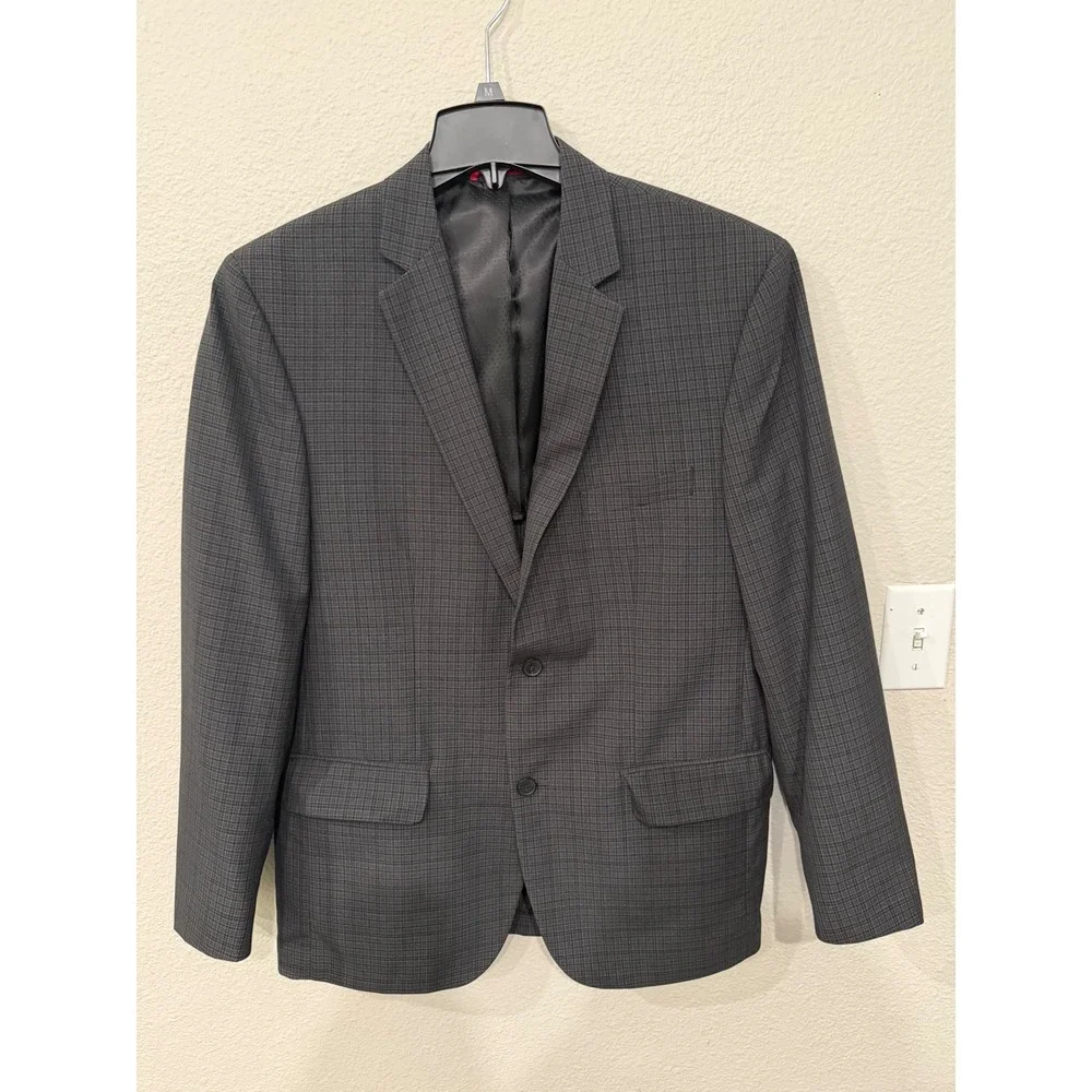 Alfani Mens Slim Fit Suit Jacket Blazer Charcoal Grey Micro Check Two Button